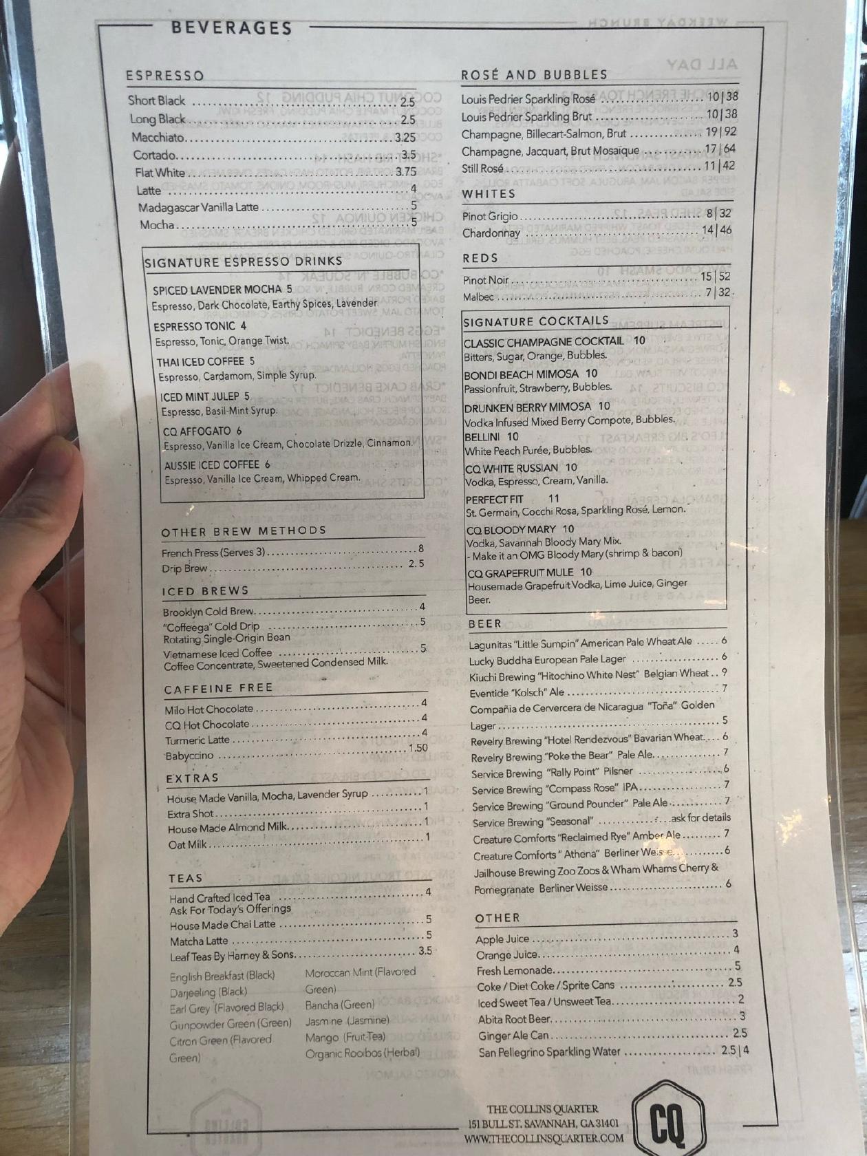 Menu at The Collins Quarter cafe, Savannah, 151 Bull St