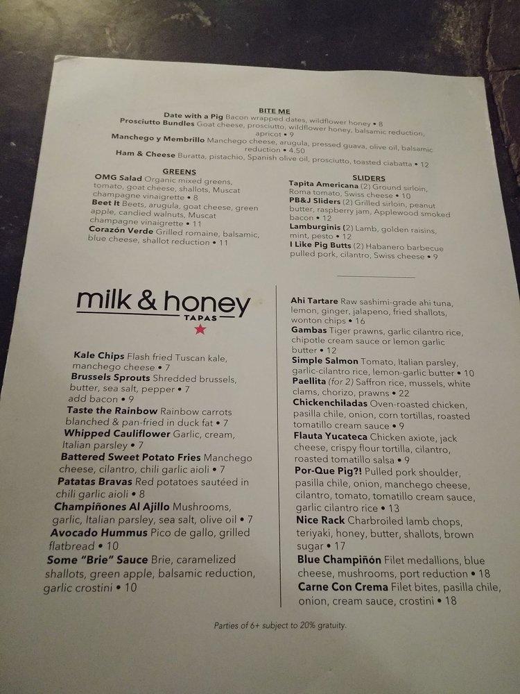 Menu at milk & honey pub & bar, Santa Barbara