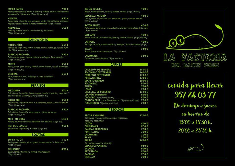 Carta del restaurante La Factoría Del Ratón Pérez, Pozoblanco