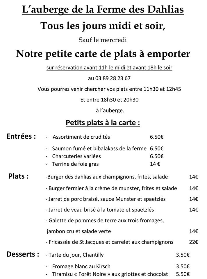 Menu au Auberge de La Ferme des Dahlias restaurant, Berrwiller