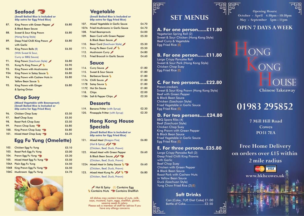 Menu at Hong Kong House restaurant, Cowes