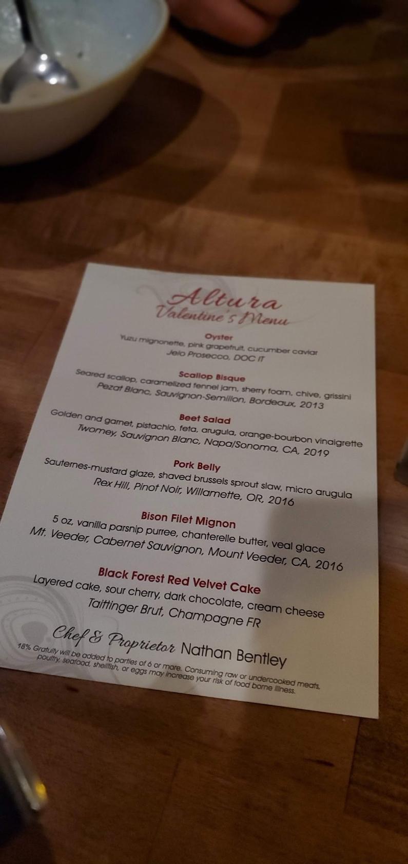 Menu at Altura Bistro steakhouse, Anchorage