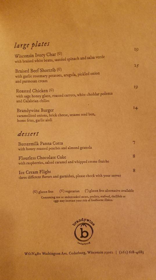 Menu at Brandywine restaurant, Cedarburg