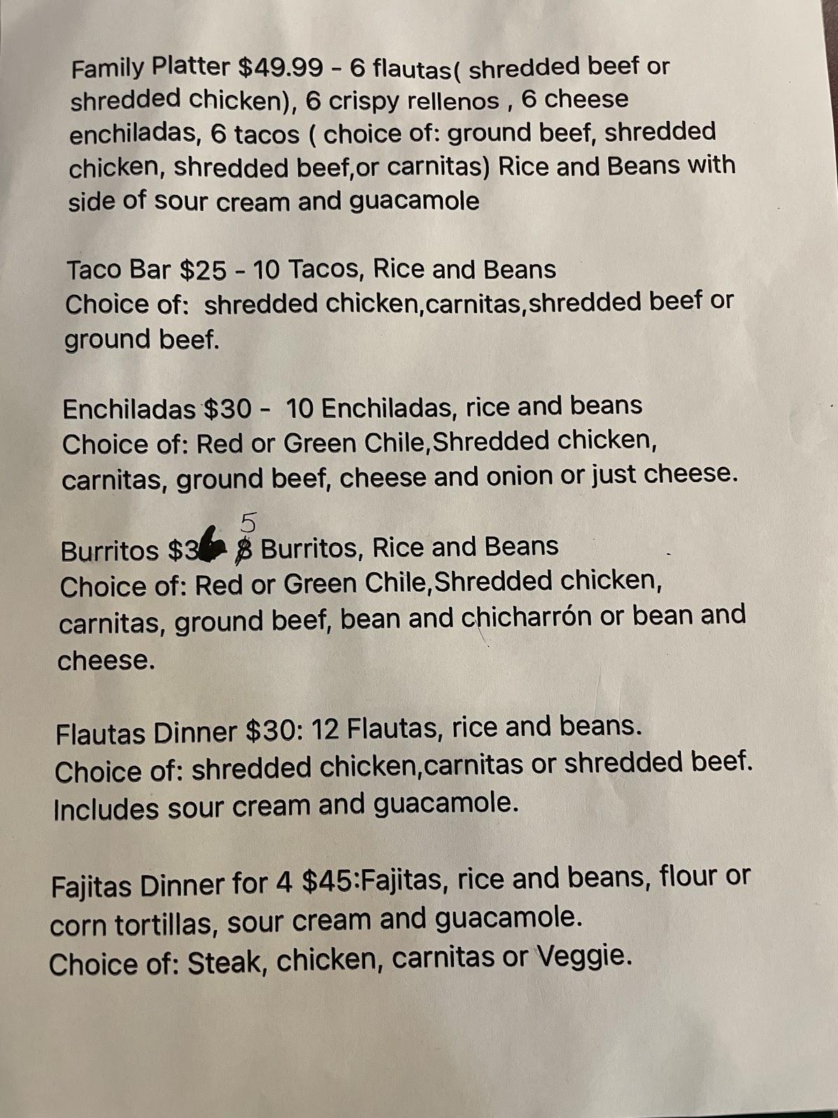 Menu at Los Dos Garcia's restaurant, Johnstown