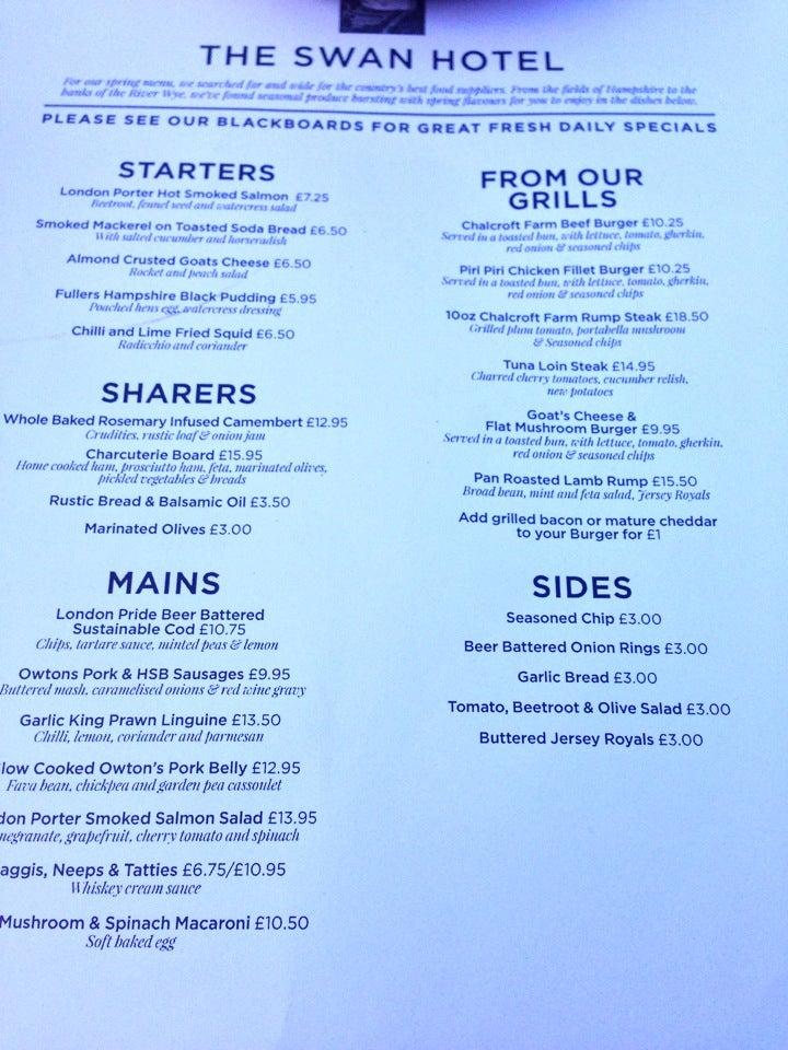 Menu at The Swan Hotel, Staines pub & bar, Stanwell