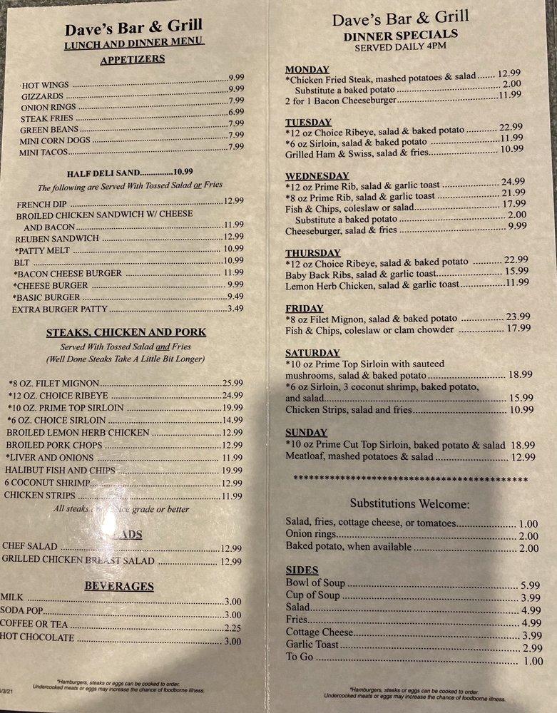 Menu at Dave's Bar and Grill, Spokane Valley