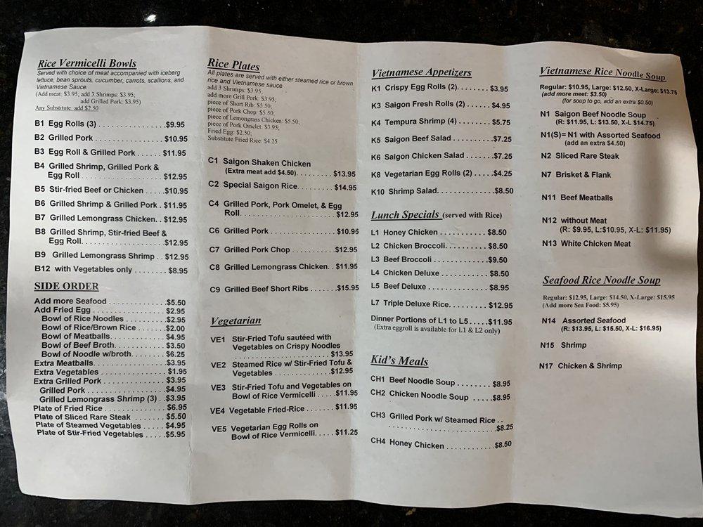 Menu at Saigon Noodle House restaurant, Warner Robins