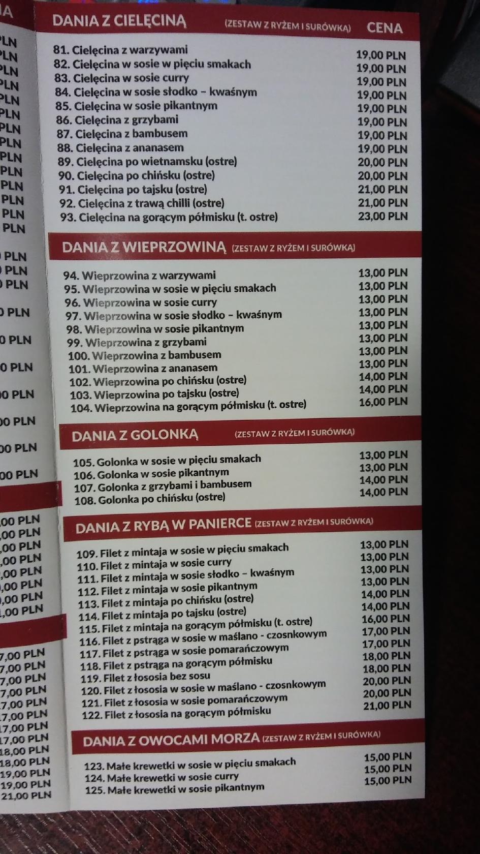 Menu at Bar Orientalny Ha Noi, Brzeg