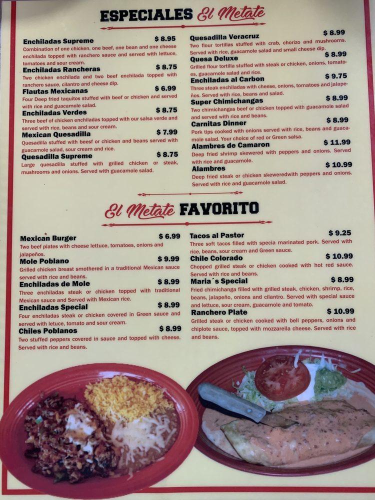 Menu at El Metate restaurant, Tifton