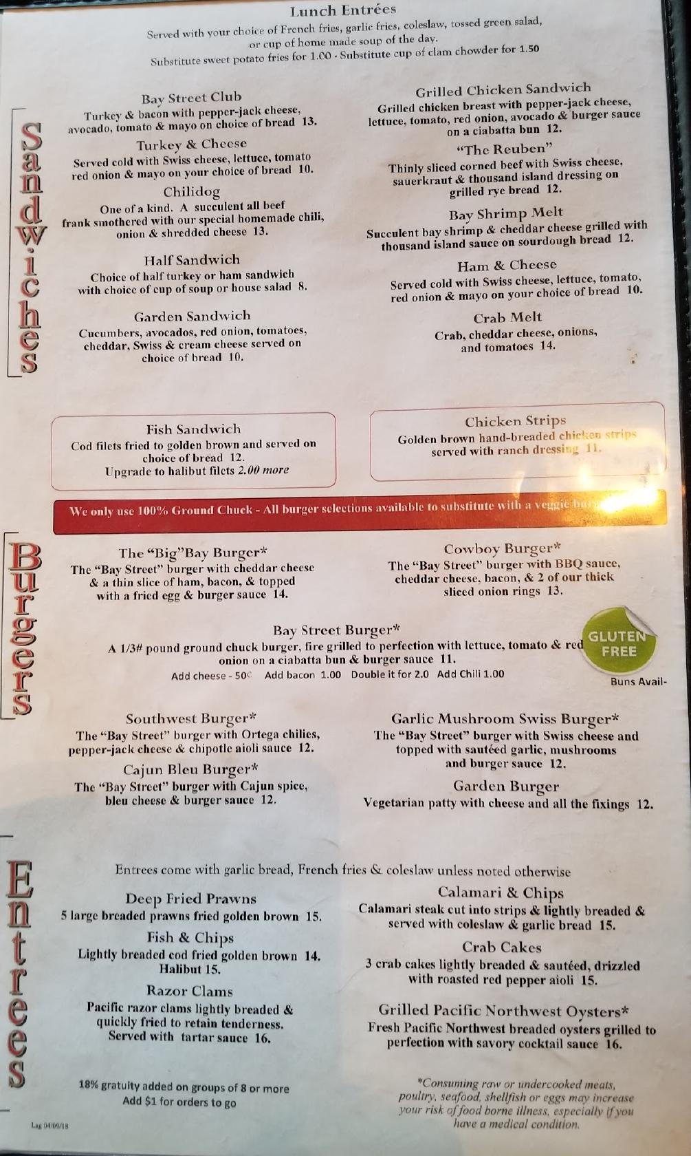 Menu at Bay Street Grille steakhouse, Florence