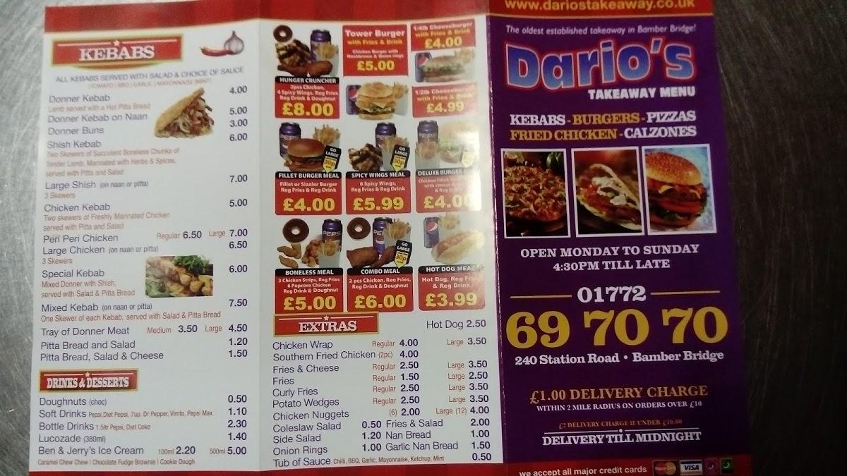 Menu at Dario's fast food, Preston
