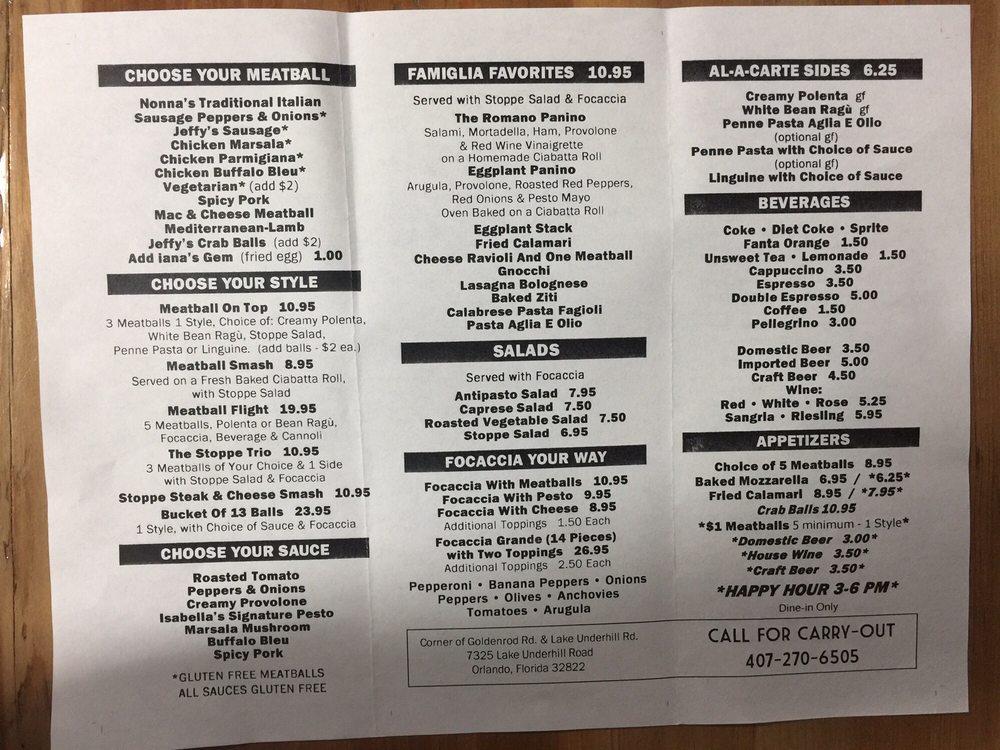 Menu at The Meatball Stoppe Catering restaurant, Orlando