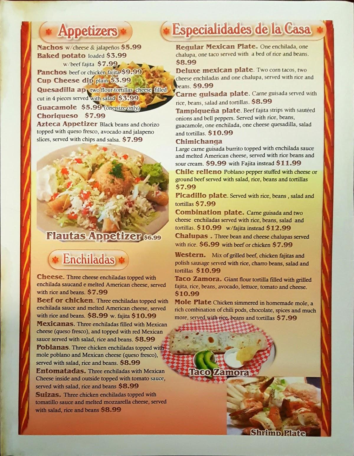 Menu at Zamoras' Restaurant, McAllen, N 23rd St