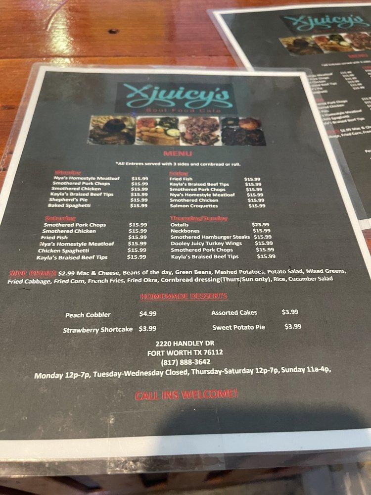 Menu at Juicy's Soul Food Cafe, Fort Worth