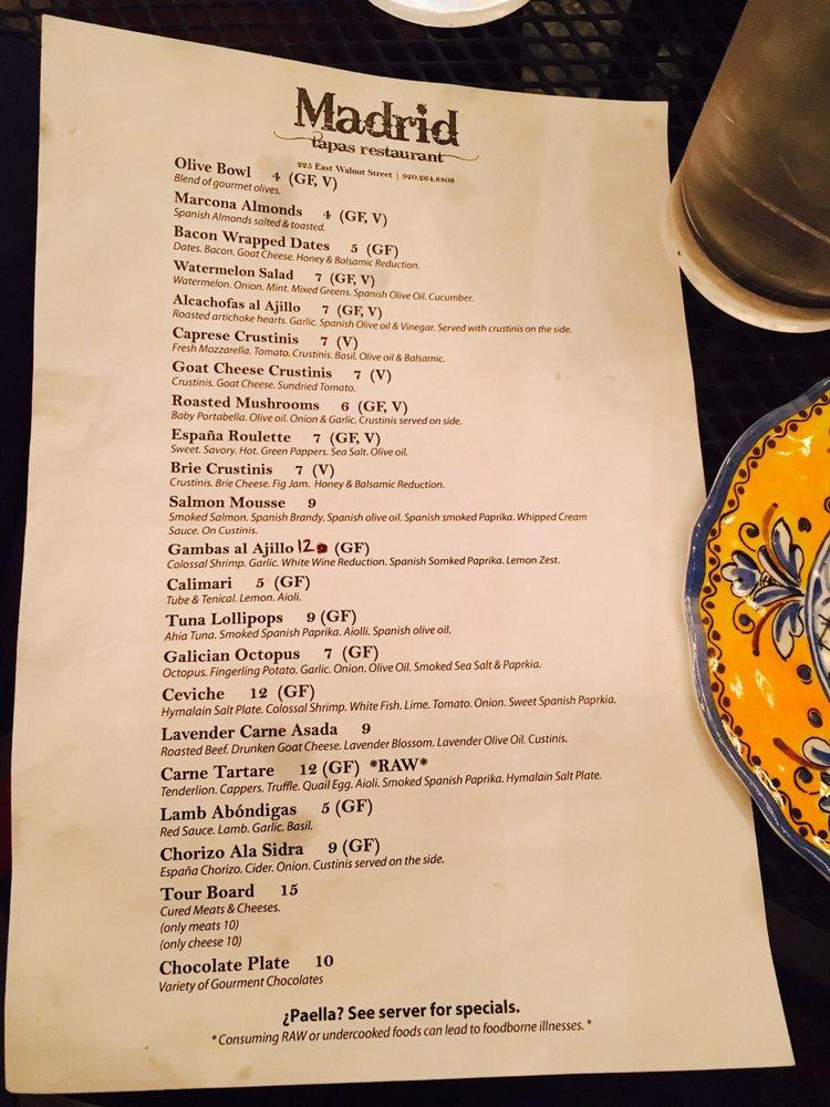Menu at Madrid Tapas Restaurant & Wine Bar, Green Bay