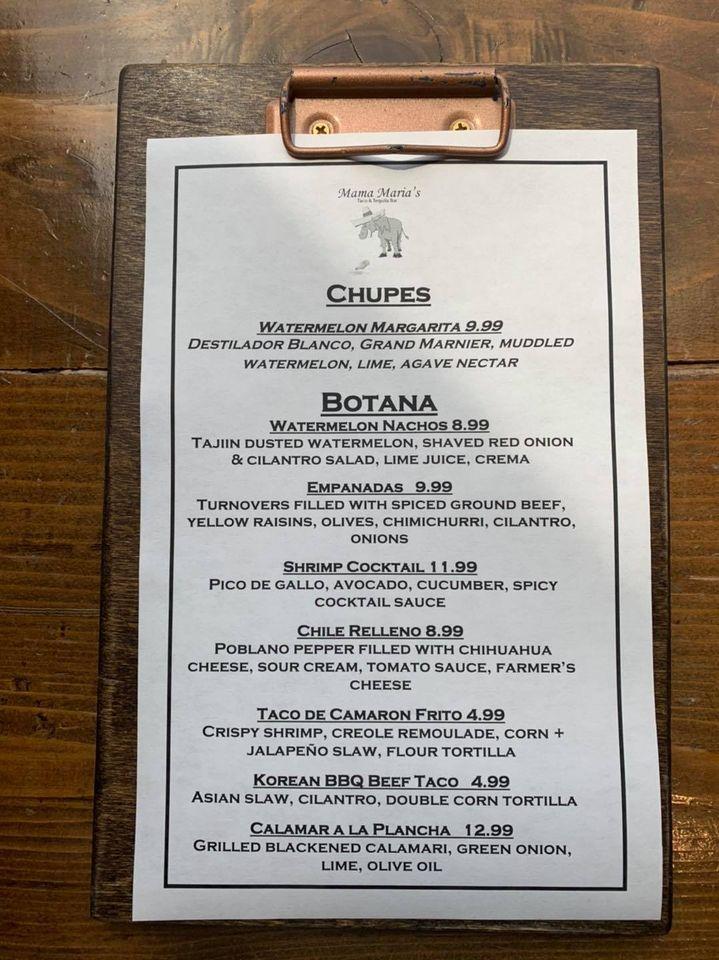 Menu at Mama Maria’s Taco and Tequila Bar, Orland Park
