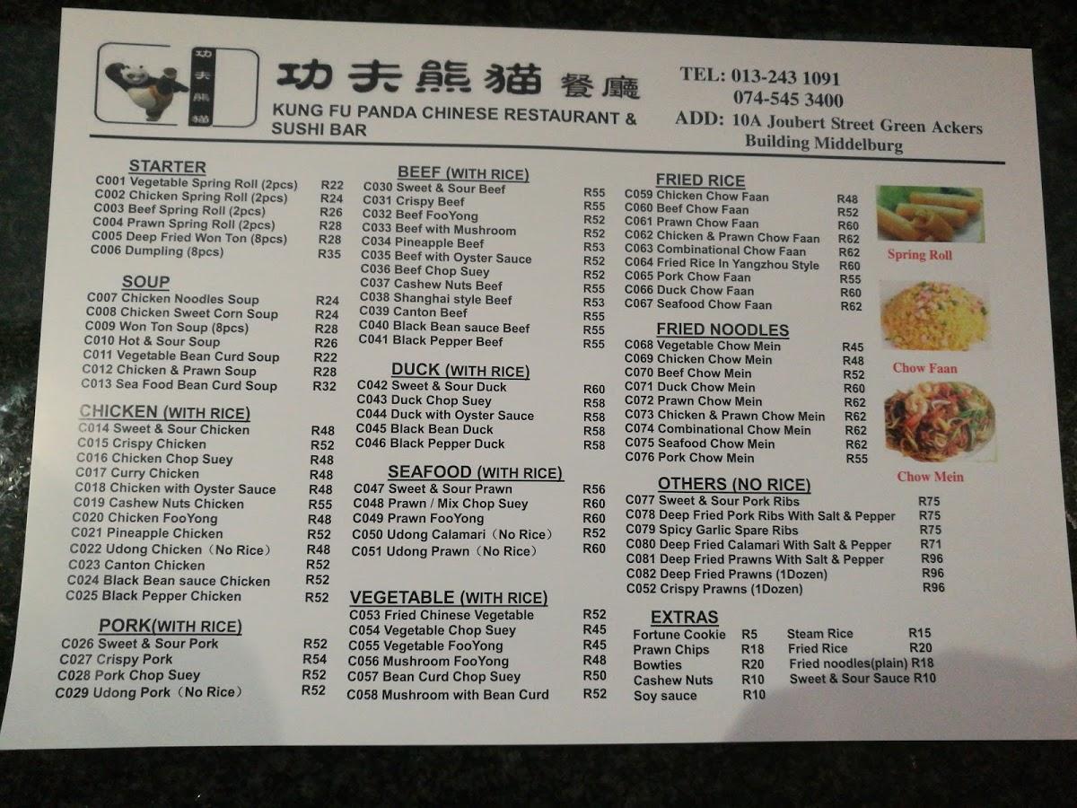 Menu at Kung-Fu Panda Restaurant, Middelburg