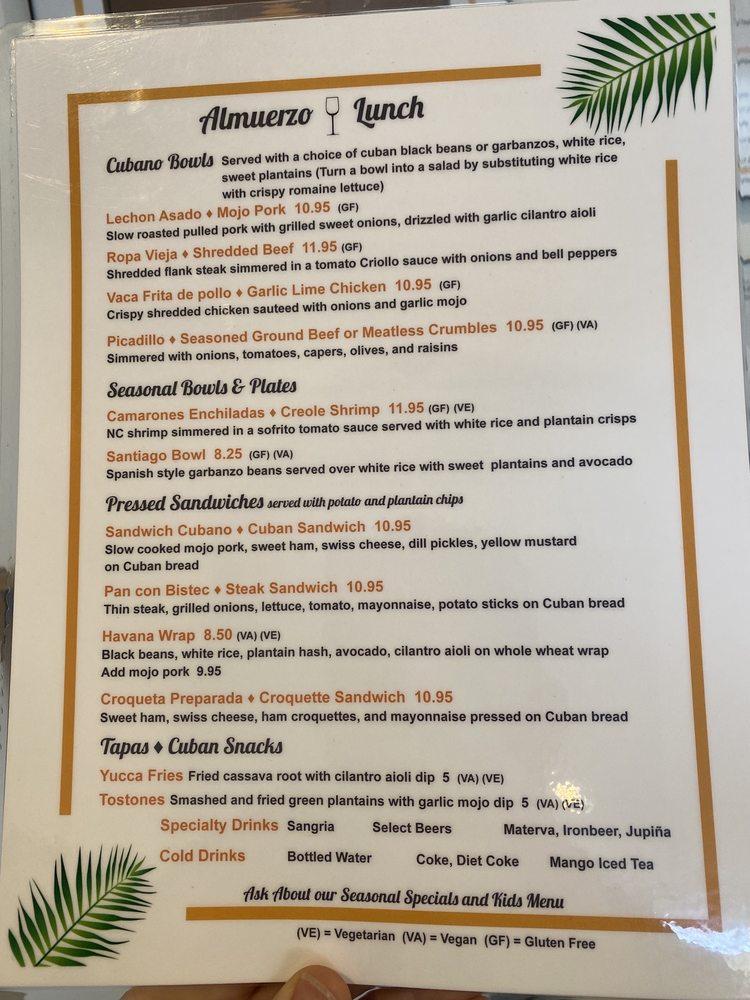 Menu at Cousins Cuban Cafe, Black Mountain