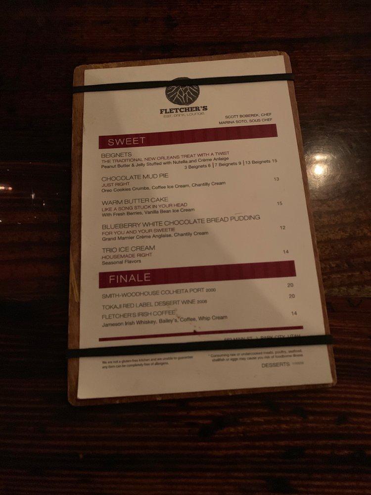 Menu at Fletcher's restaurant, Park City