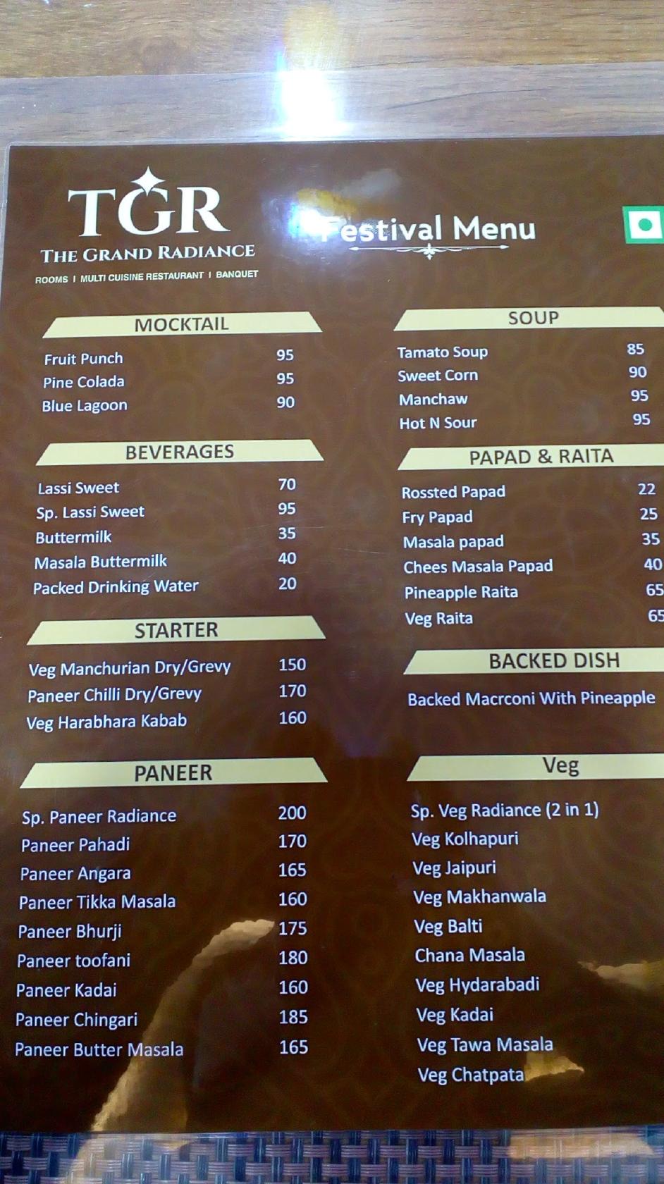 HOTEL TGR (The Grand Radiance) menu