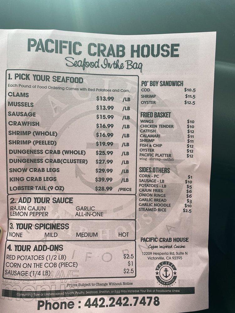 Menu at Pacific Crab House restaurant, Victorville