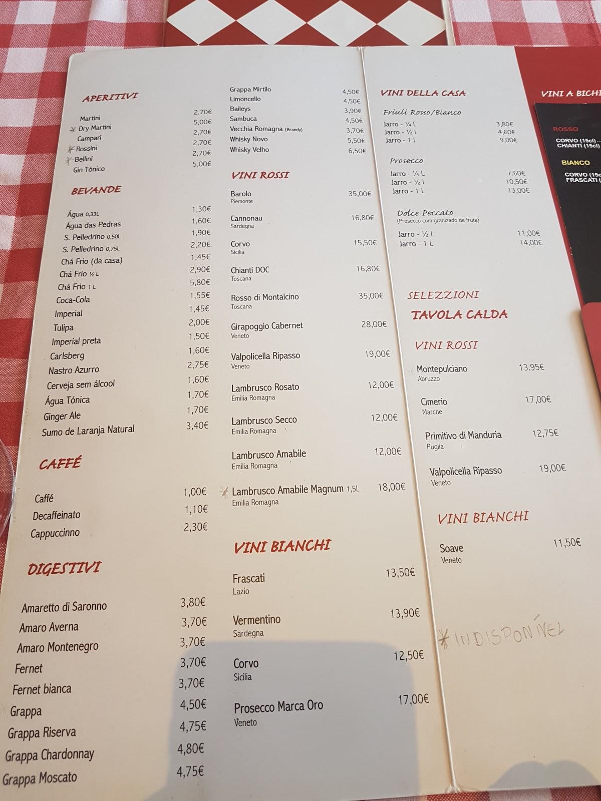 Menu em Tavola Calda restaurante, Algés, Praça 25 de Abril de 1974