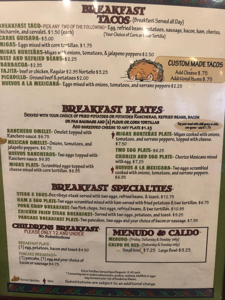 Menu at Garcia's Mexican Food Restaurant, Lockhart, S Colorado St
