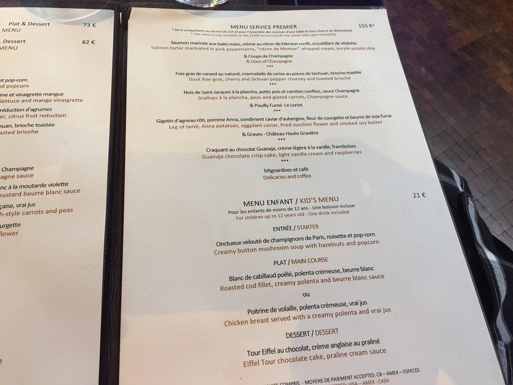 Menu at Madame Brasserie restaurant, Paris, Eiffel Tower