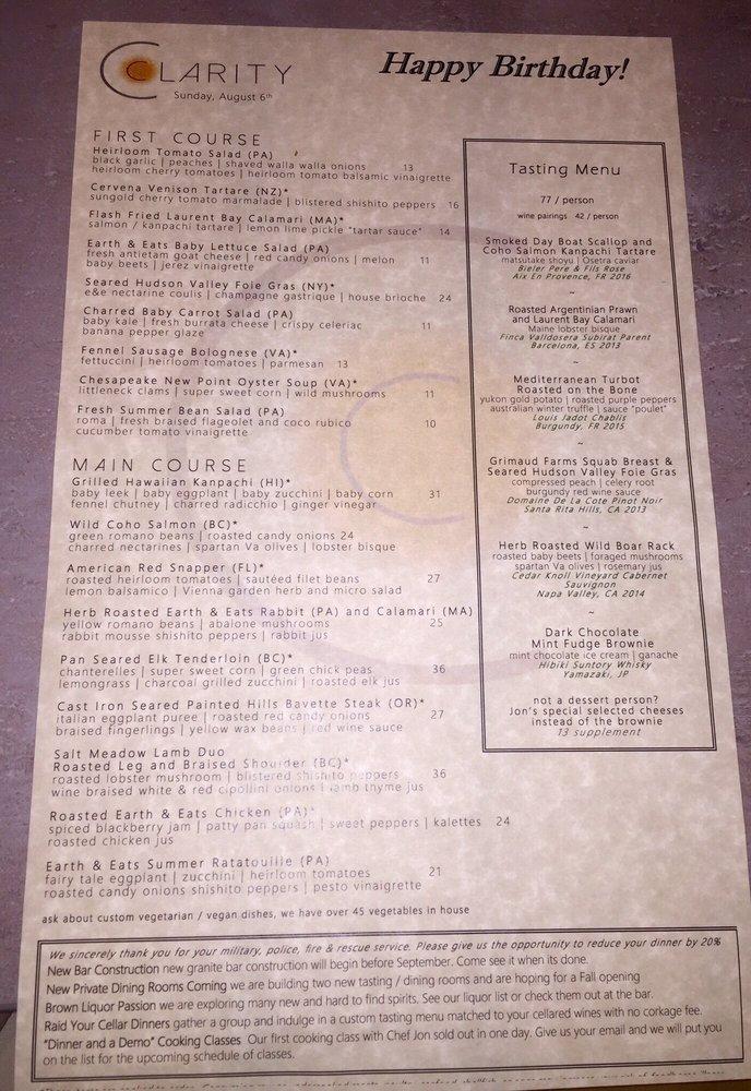 Menu at Clarity pub & bar, Vienna