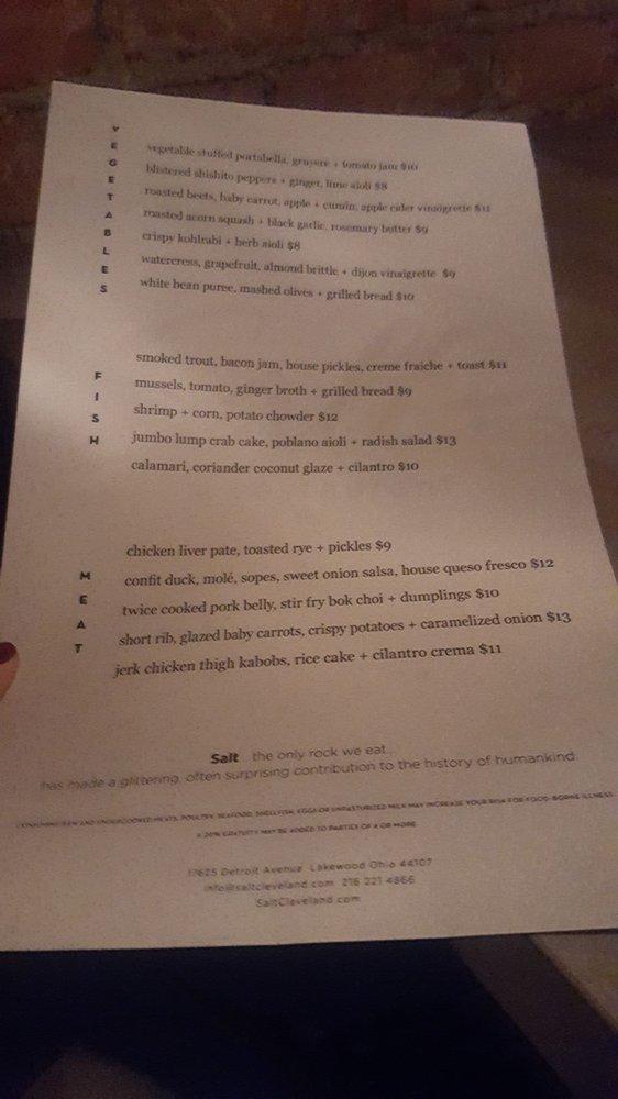 Menu at Salt restaurant, Lakewood