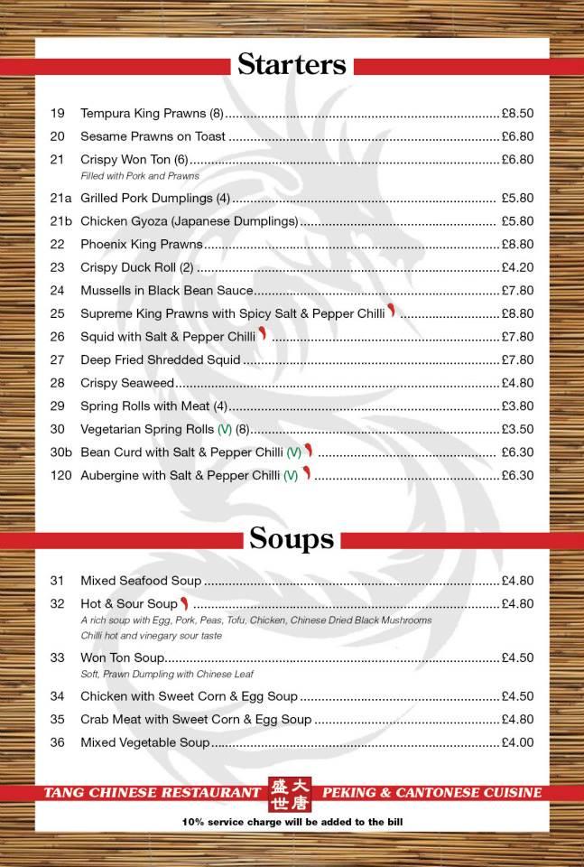 Menu at Tang Chinese Restaurant, Basingstoke