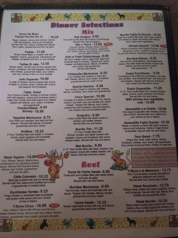 Menu at Cinco De Mayo Mexican restaurant, Lyons