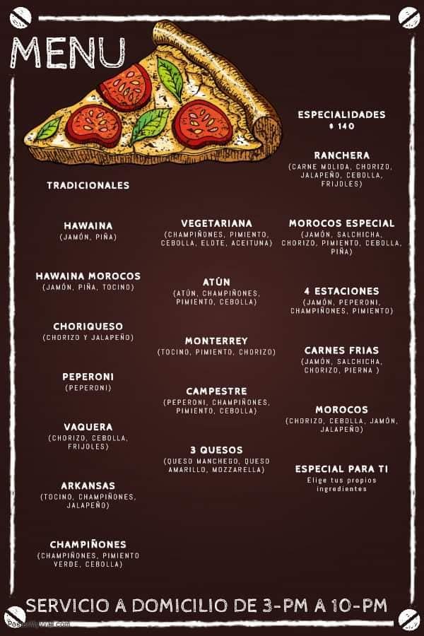 Menu at Morocos's PIZZA pizzeria, Texcoco