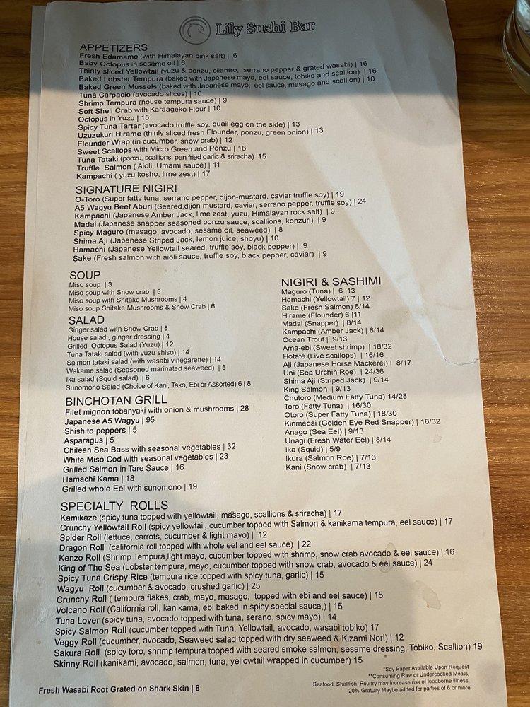 Menu at Lily Sushi Bar, Alpharetta