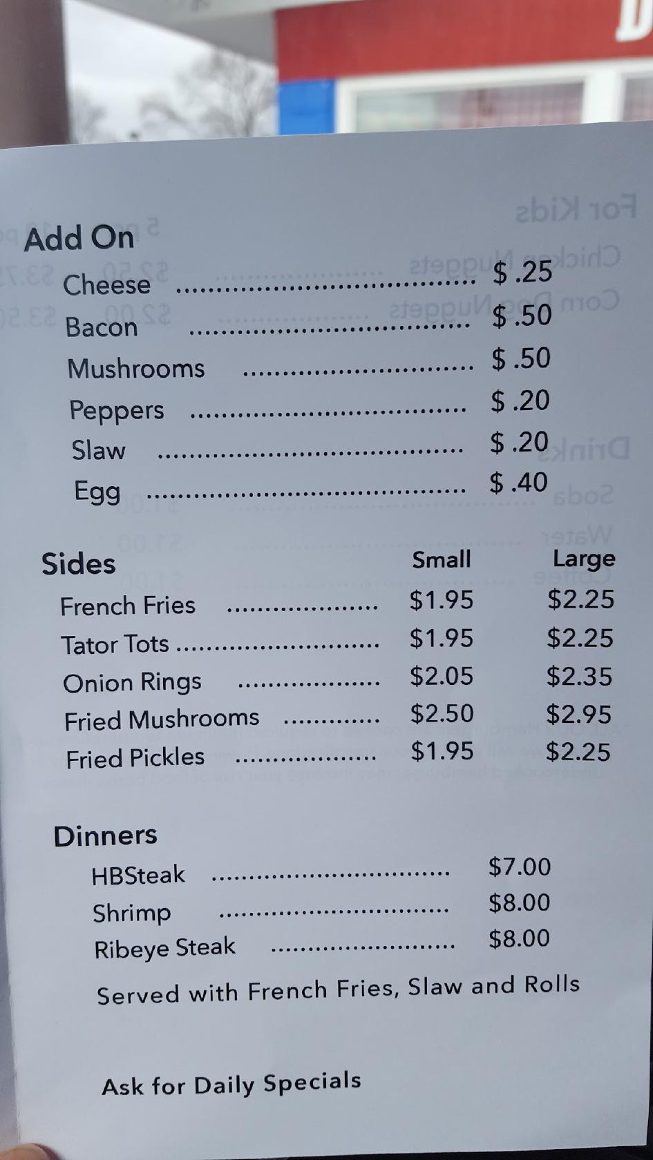 Menu at Hank's Drive In restaurant, Fairlawn