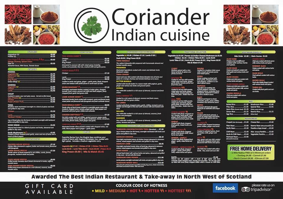 Menu at Coriander Indian Cuisine restaurant, Oban