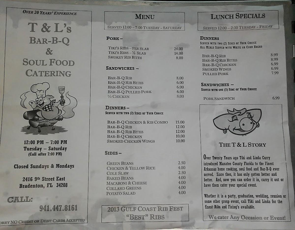 Menu at T&L's BARBQ and Soul Food Catering, Bradenton