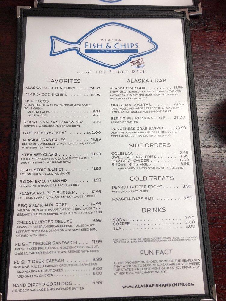 Menu at Alaska Fish & Chips Company at the Flight Deck pub & bar