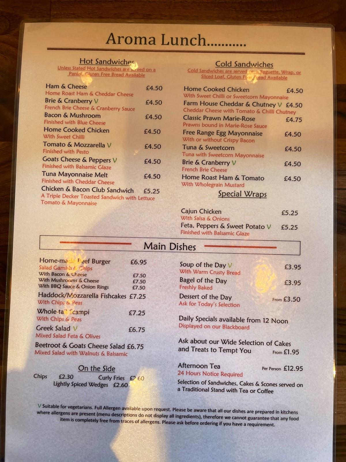 Menu at Aroma Cafe, Birkenhead