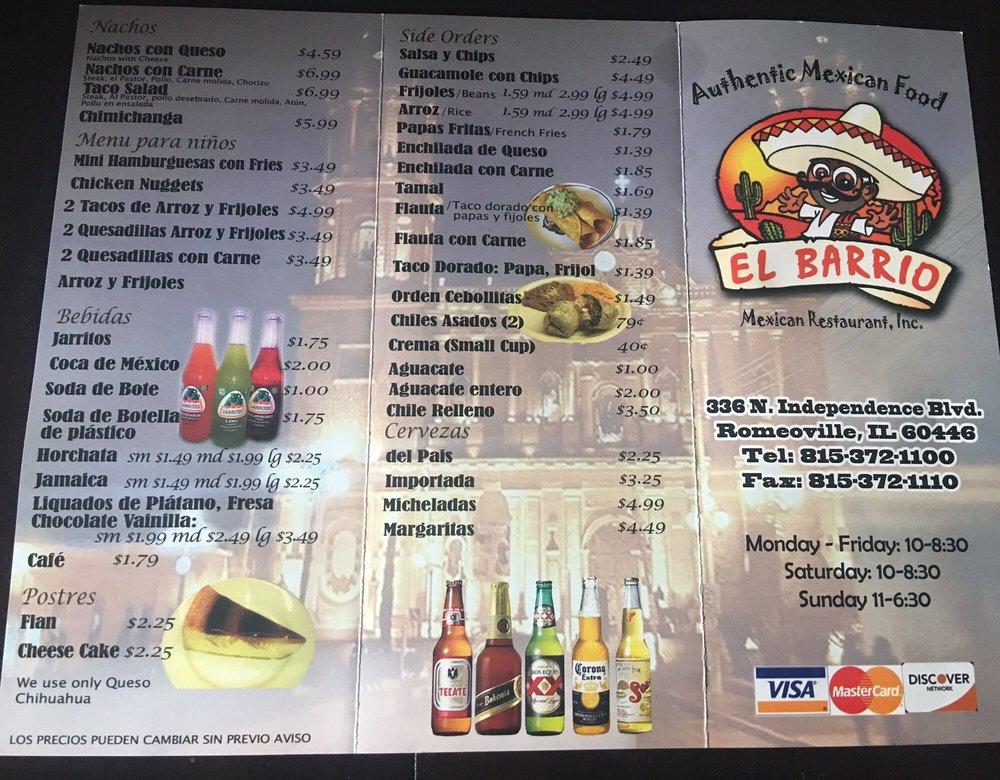 Menu at El Barrio Mexican Restaurant, Romeoville