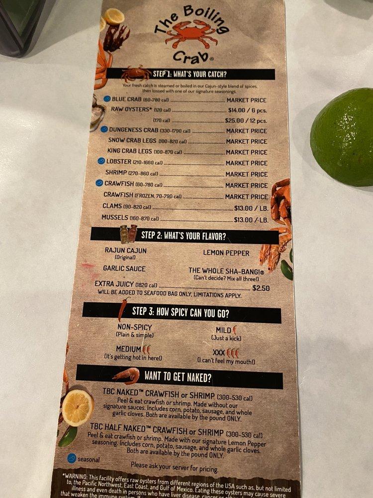 Menu at The Boiling Crab restaurant, Sacramento, 65th St 100