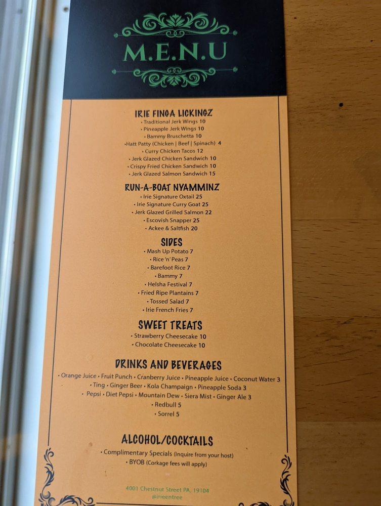 Menu at Irie Entree restaurant, Philadelphia