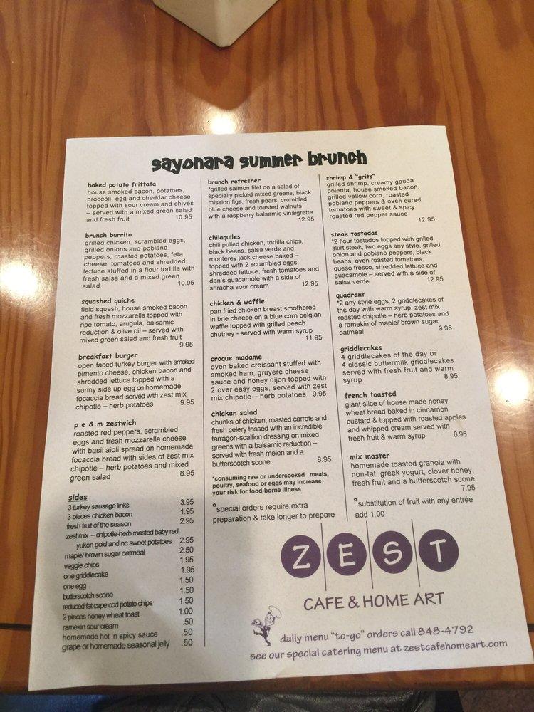Menu at Zest Cafe & Home Art, Raleigh