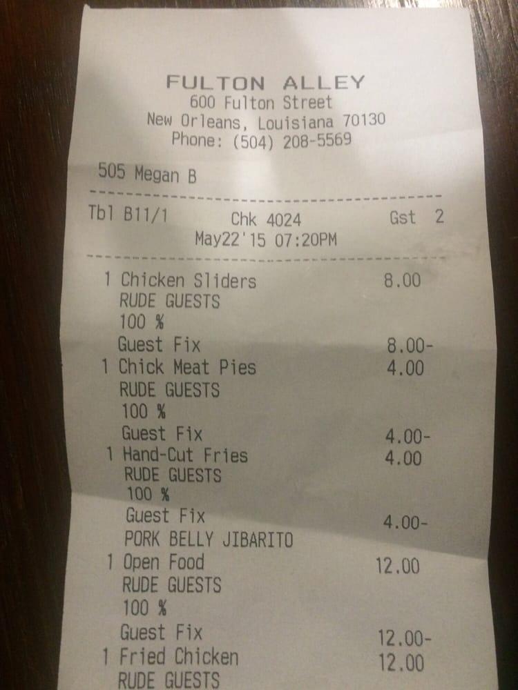 Menu at Fulton Alley pub & bar, New Orleans, 600 Fulton St