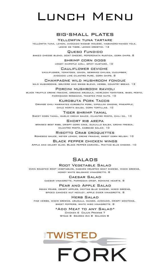 Menu at The Twisted Fork restaurant, Reno