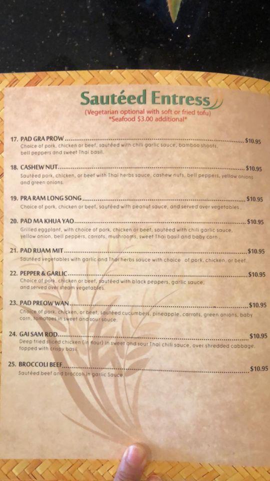 Menu at Thai Jasmine restaurant, Tracy