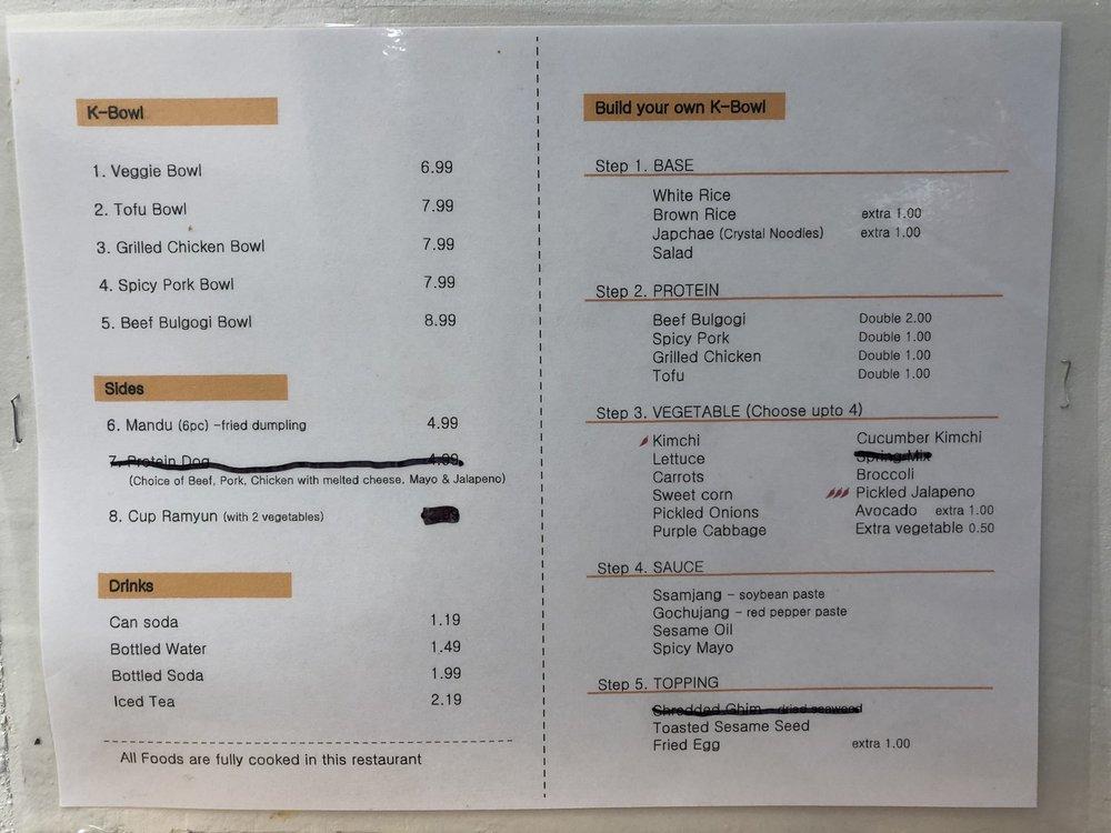 Menu at KBowl restaurant, Las Cruces