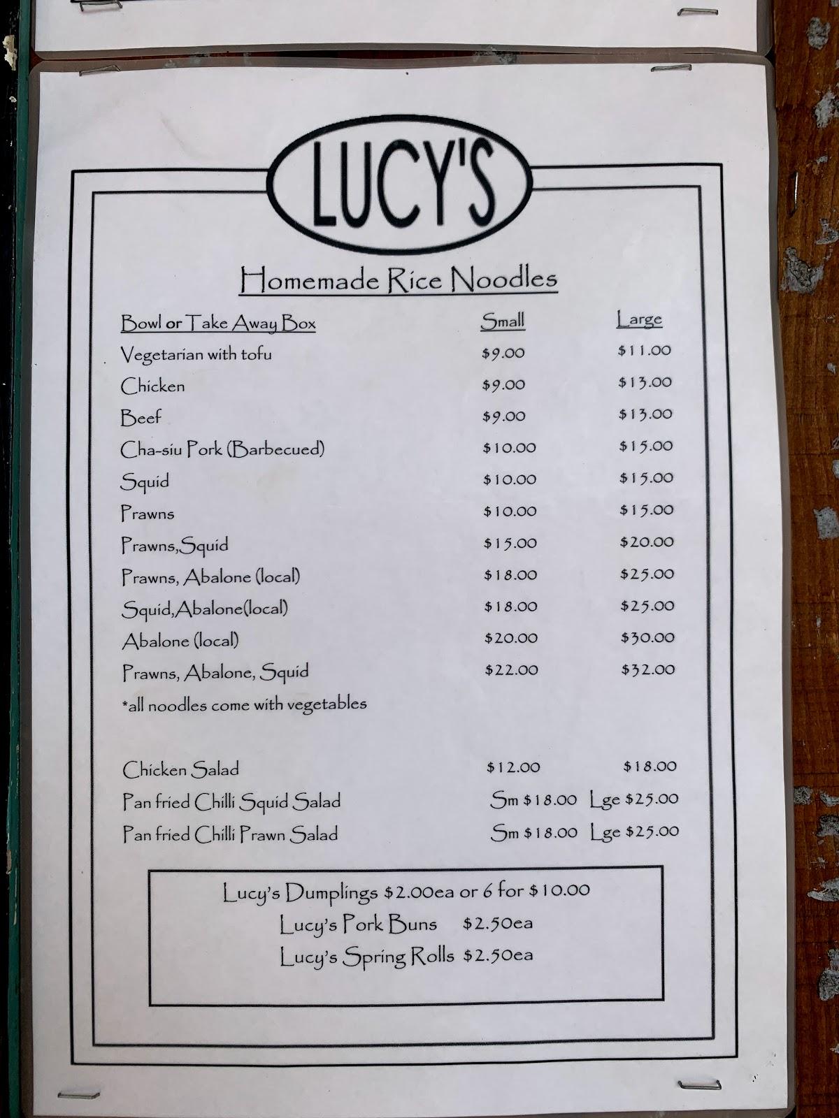 Menu at Lucy's restaurant, Mallacoota, 64 Maurice Ave