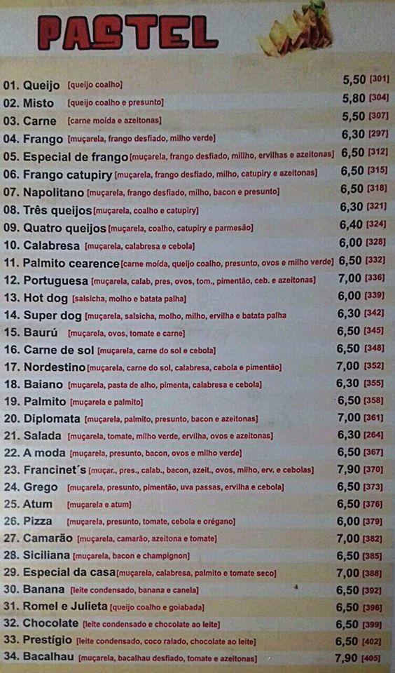 Pizzaria, churrascaria e pastelaria Franciné cardápio