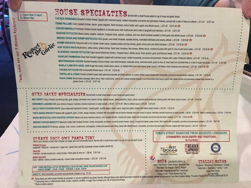 Menu at Tomato Street pizzeria, Coeur d'Alene